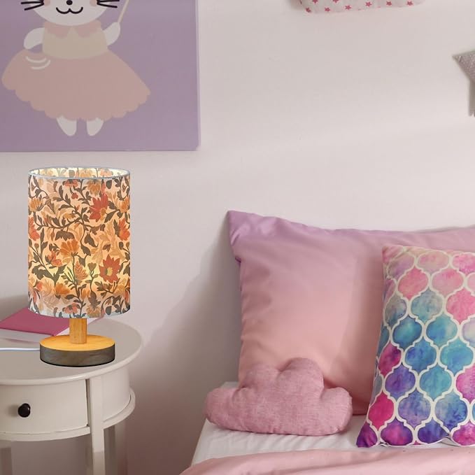 Fustylead Retro Vintage Fall Floral Bedside Table Lamps with USB Port for Bedroom Lamp Small Nightstand Lamp Sturdy Linen Shade Wooden Decorative Lamps for Living Room Home Dorm Kids