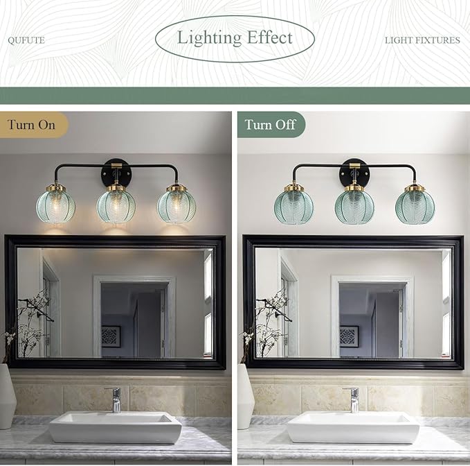 3-Light Bathroom Vanity Lights Vintage Bathroom Sconce Lights with Green Ribbed Glass Shade Mid Century Modern Light Fixture Art Deco Wall Lamp Mirror Over Vanity Light fixtures