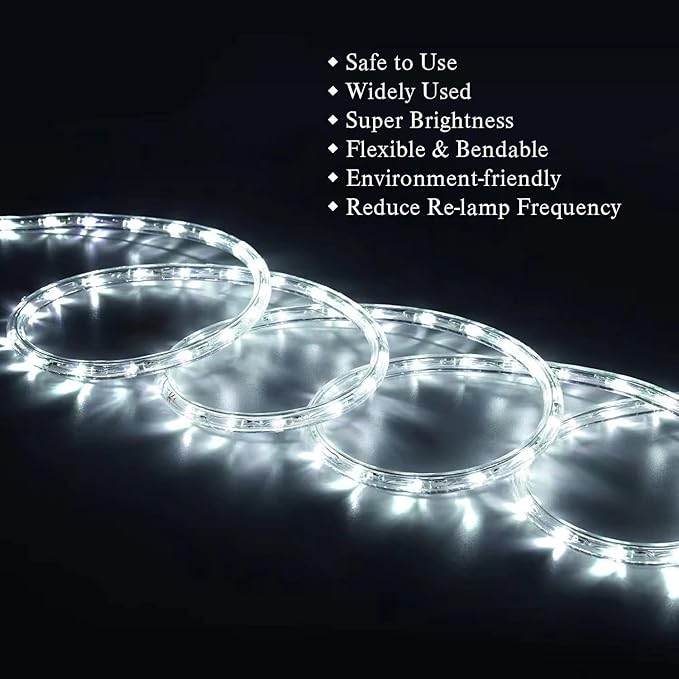 Outdoor LED Rope Lights Indoor Daylight White 6500K Waterproof 432 LEDs 40ft/12m Flexible Plug in 110V UL Listed Power Plug Garden Stairs Balcony Party Christmas