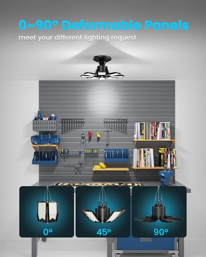 250W Motion Sensor Garage Light, 25000LM,6500K Daylight, E26 Base, 1 Pack | Dual Control Design, 3 Lighting Modes, 8+1 LED Deformable Panels, 360° Detection, for Garage Workshop Barn Attic