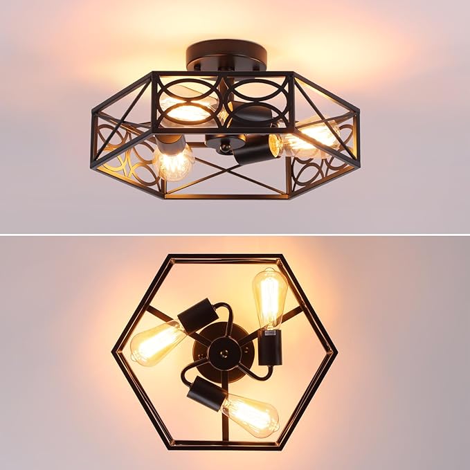 Modern Black Semi Flush Mount Ceiling Light Fixture, Industrial Close to Ceiling Light with Metal Hexagon Cage, Vintage Farmhouse 3-Light Ceiling Lamp for Kitchen, Hallway, Bathroom