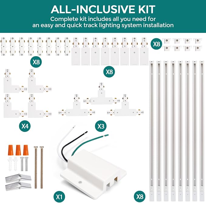 H Track Lighting Rails Kit - iCreating 26ft White Track Light Tracks 3 Wire with Floating Canopy Connector, I and L Connectors for Single Circuit H Type LED Tracks Lighting Heads Fixtures