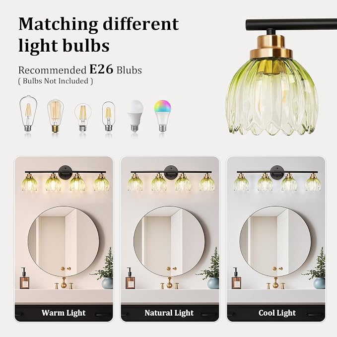 TALOYA Black Gold 4-Light Bathroom Vanity Light with Green Tulip GlassShade | Modern Vanity Lighting Fixtures, Bathroom Lights Over Mirror, Wall Mount Mirror Light Fixtures for Bathroom Hallway Bedroom