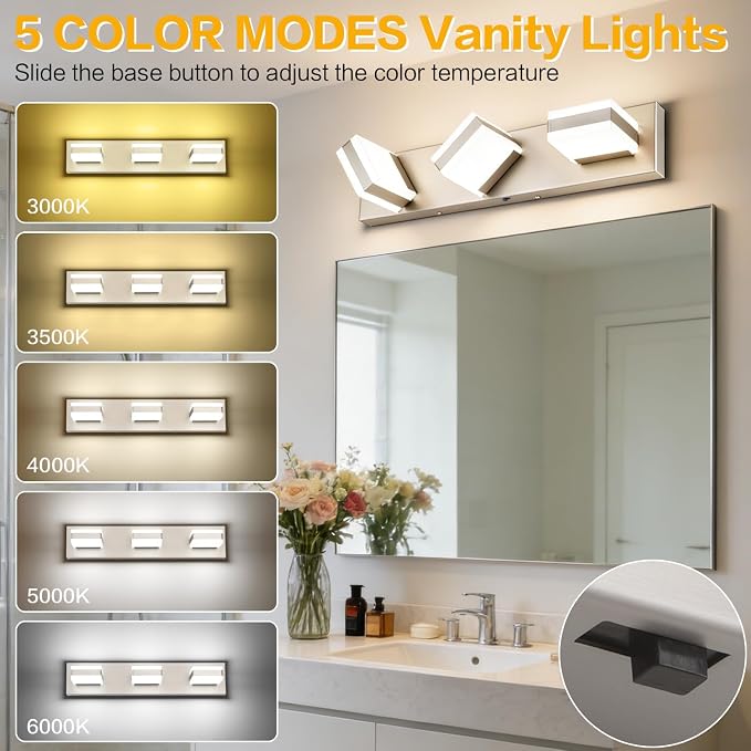 SOLFART Bathroom Light, 5 Color Temperature LED Bathroom Vanity Fixtures, Brushed Nickel 3 Lights Vanity Light Over Mirror Modern LED Light Adjustable Color 5CCT