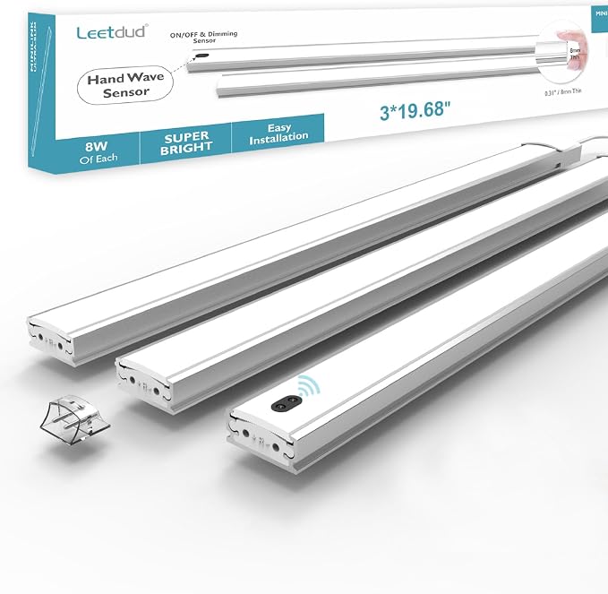 Hand Wave Under Cabinet LED Lighting Plug in, 20 Inch 3 Pcs Dimmable Linkable Ultra Thin Aluminum Alloy Housing, 4000K Natural White Motion Sensor Counter Lights for Kitchen, Shelf, Cupboard