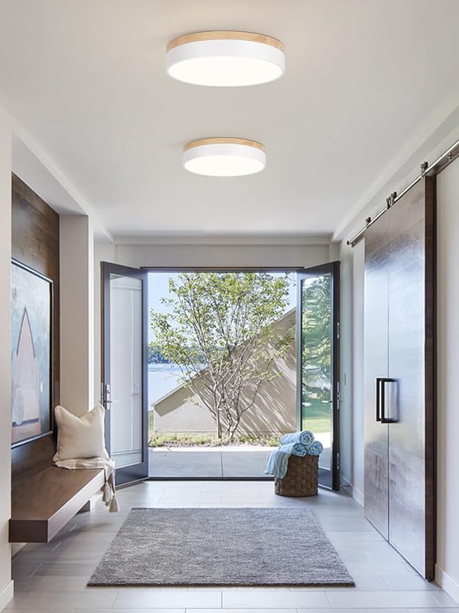 Dimmable Wood Oak Ceiling Light Fixture Modern White LED Flush Mount Ceiling Light 5CCT Minimalist Circle Close to Lighting Fixture for Bedroom Kitchen Bathroom Laundry Room 11.81 Inch