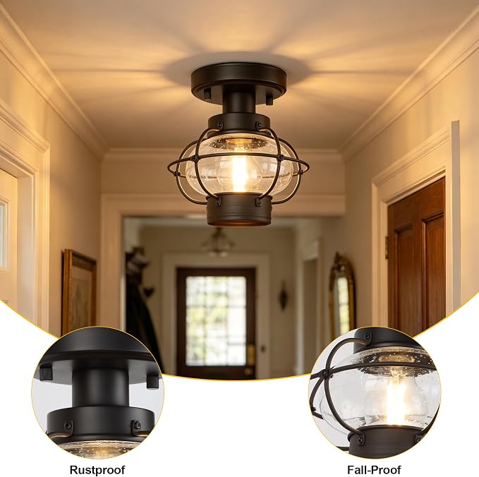Porch Ceiling Light, Farmhouse Industrial Flush Mount, Glass Globe E26 | Indoor & Outdoor Use. For Hallway, Bedroom, Balcony, Stairway. Metal Build. Hardware Included. Easy Install.