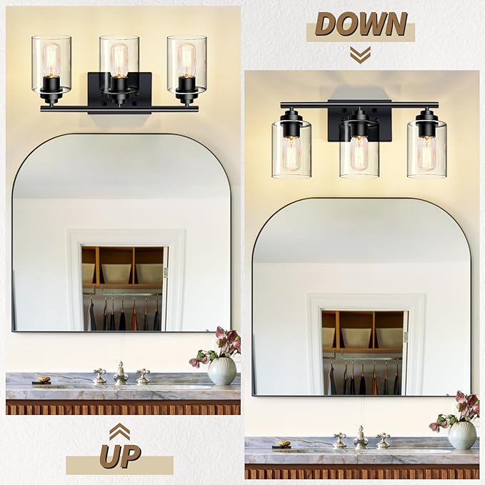 Bathroom Light Fixtures Over Mirror,3-Light Wall Sconce Vanity Lights for Bathroom,Vanity Lighting Fixtures,Black