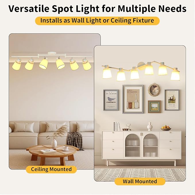 HiBay 6-Light Track Lighting Fixture Ceiling, Directional Modern White Fabric Track Spotlight Flush Mount for Dining Room, Bedroom, Living Room, E26 Base (Bulbs Not Included)