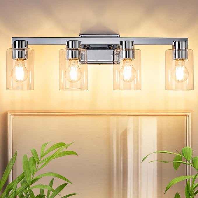 4-Light Bathroom Light Fixtures with Clear Glass, Chrome | Vanity Lights, Modern Wall Sconces, Over Mirror for Bathroom, Powder Room, Living Room