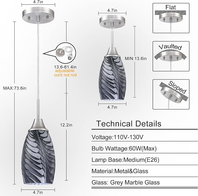 Viinew Mini Glass Pendant Light,3-Pack Gray Marble Glass Hanging Light | Black Gray Marble with Handblown Art Glass Ceiling Light,4.72" Oval Chandelier for Kitchen Island Cafe Hallway