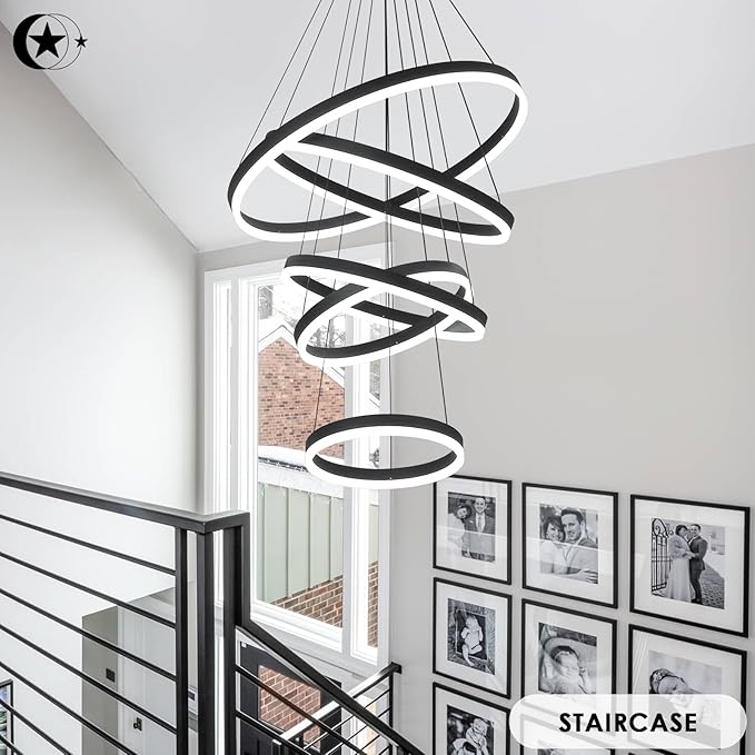 5-Rings Modern LED Chandelier Black Dimmable High Ceiling Chandelier for Dining Room with Remote Control for Foyer Living Room Entryway Staircase(D23.6’’, 3000K-6500K)