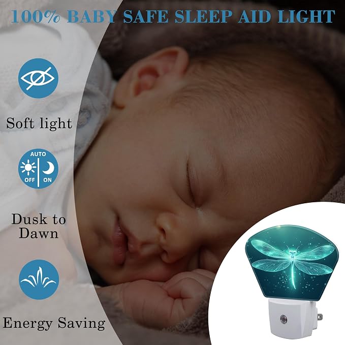 Fantasy Glowing Dragonfly Plug in Night Lights, Magic Dragonfly Nightlight Plug Into Wall Dusk to Dawn Sensor for Kid Girls Boys Women Men Room, Hallway, Kitchen, Bathroom, Stairs Decor