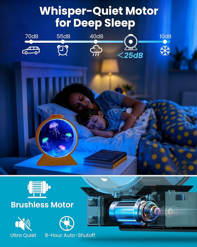 Jellyfish Lamp for Sleep Anxiety Calming Light for Bedroom(Cosmic Orange) | Whisper-Quiet Sensory | 7 Soft Color Modes | Adjustable Water Flow | 8H Auto-Off Timer | Rounded Tank Lamp Gift for All Ages