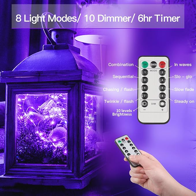 Hallowee Purple Lights Battery Operated, 66ft 200 LED Twinkle Lights Battery Operated, Purple Fairy Lights for Christmas Tree, Garland, Bedroom, Backyard, Porch, Yard, Party Decorations