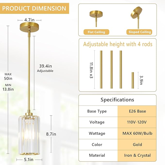 Crystal Pendant Lights, Modern Gold Pendant Lighting with Clear Glass Shade, Small Brass Chandelier Light Fixtures Ceiling Hanging for Dining Room Kitchen Island Bedroom Foyer Hallway