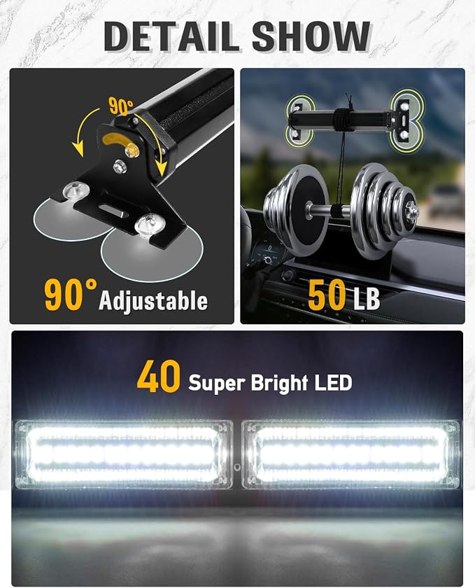HLauto 1002L Emergency Strobe Traffic Advisor Light Bar: 40 LED Dash Safety Warning Flashing Light, Front/Rear Windshield Visor Lights for Construction Vehicle, Tow/Plow Truck (2x10.7inch, White)