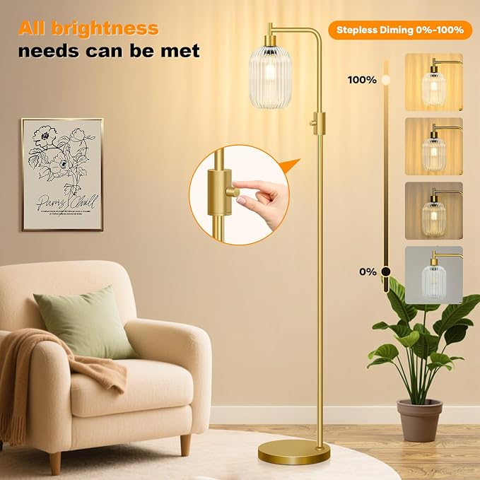 【Upgraded】 Dimmable Floor Lamp for Living Room with Clear Ribbed Glass Lampshade, Gold Modern Floor Lamp with 900LM LED Bulb Included, Arc Standing Tall Lamp for Bedroom, Office, Reading Room, Corner