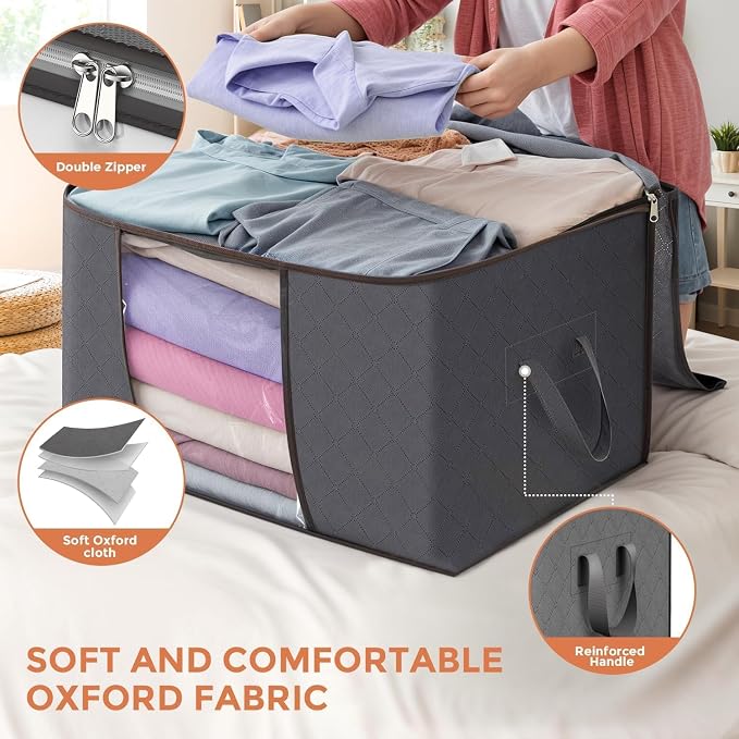 90L Large Storage Bags, 10 Pack Clothes Storage Bins Closet Organizers | Foldable Storage Containers, with Reinforced Handle, for Clothing, Blanket, Comforters, Bed Sheets, Pillows and Toys
