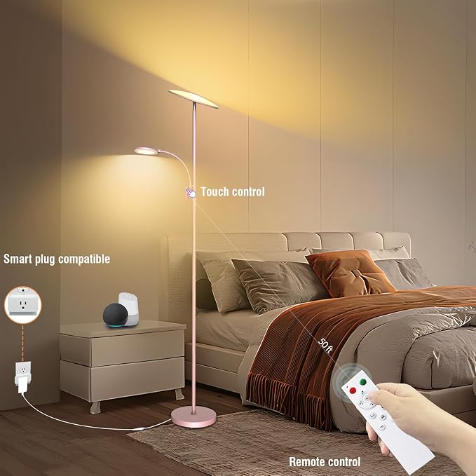 marctronic Pink Floor Lamps for Living Room, 44W/4500LM Super Bright 2 in 1 LED Floor Lamp with Remote, Stepless Dimmable, 69" Tall Standing Floor Lamp with Bendable Reading Light for Bedroom Office