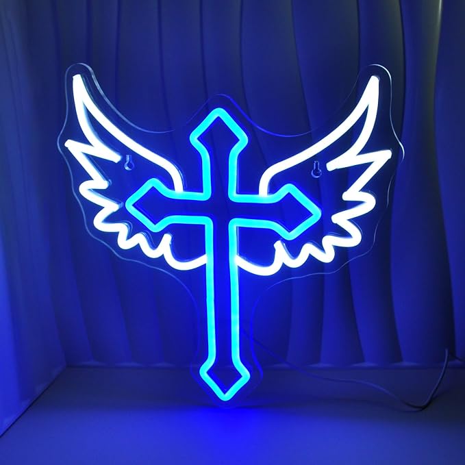 JEDAEMEN Cross Wings Neon Signs for Wall Decor White Blue LED Light Sign | Cross Led Sign Neon Lights for Preppy Room Decor Light Up Sign for Birthday Party Decoration USB Powered