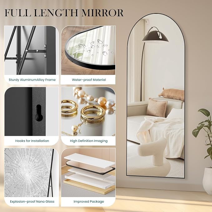 Arched Full Length Floor Mirror, 16"x59" Body Wall Mirror with Stand | Shatter-Proof Nano Glass, Tall Standing, Hanging or Leaning, Aluminum Alloy Frame for Bedroom, Modern Home Decor, Black