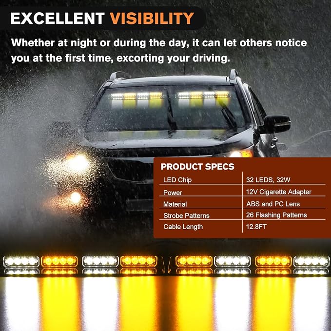 Nilight 32LED Amber White Emergency Dash Strobe Lights with Controller | Suction Cups Warning Hazard Interior Front/Rear Windshield Deck Split Light Bar for Trucks Construction Vehicles