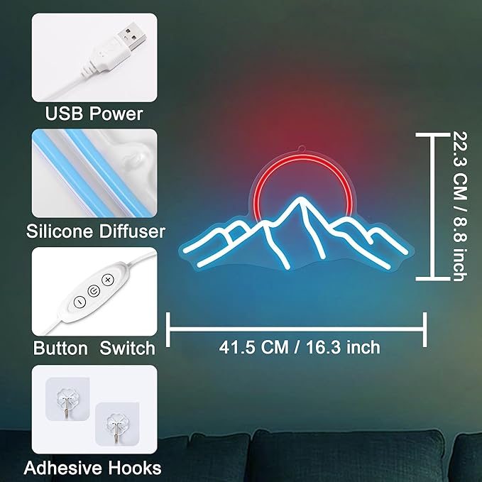 Mountain Neon Sign for Wall Decor, Anywin Dimmable Sunrise Sunset Led Signs with Ice Mountains Neon Signs Art For Living Room, Bedroom Gaming Room, Hotel Decor, Cool Gifts for Friends, Partner