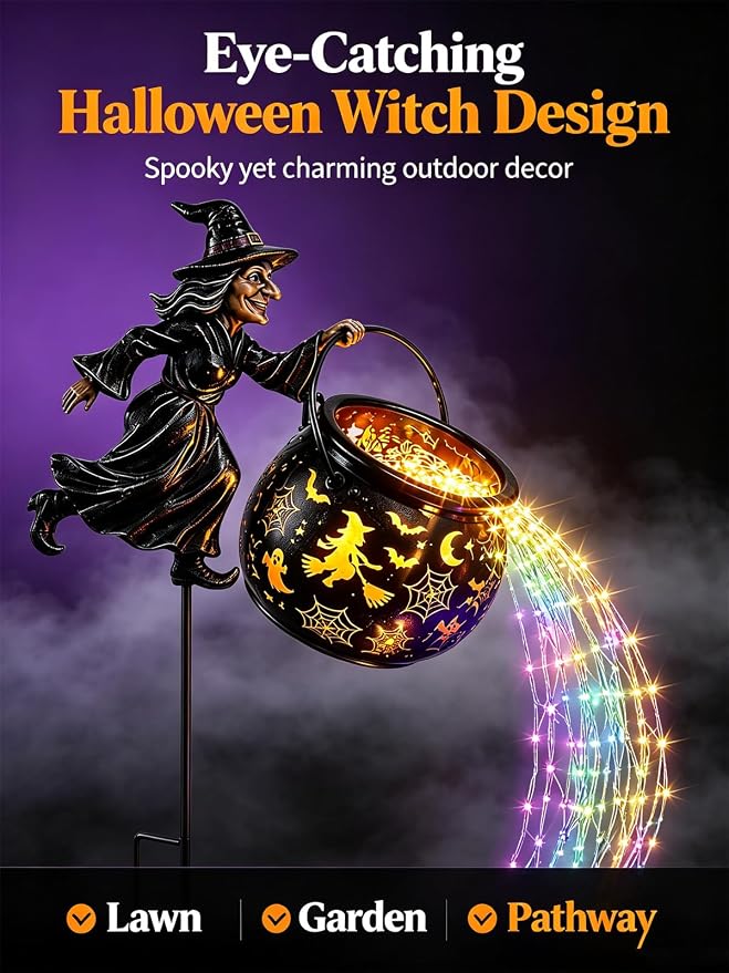 Halloween Witch Cauldron Garden Light,33.5″ Witch Stake Garden Light | Total height of 33.5 inches, Includes 1*12m, 100-light solar-powered multicolored LED light strip, Waterproof