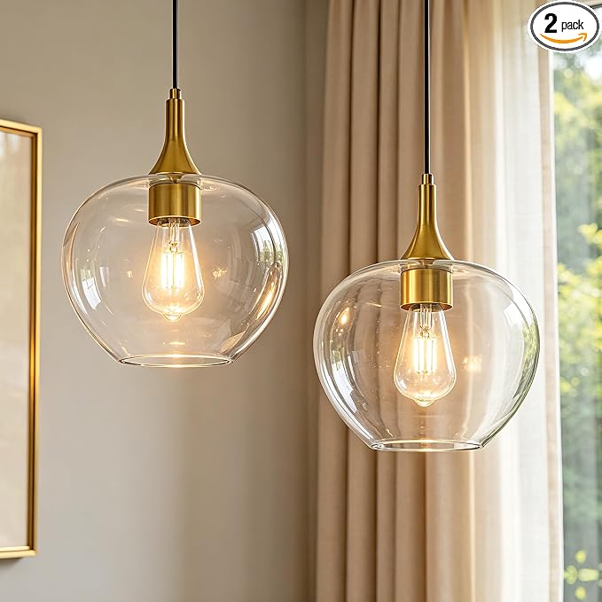 9.45in Gold Pendant Lights Kitchen Island with Clear Glass Shade 2Pack | Handcrafted Glass Pendant Light Fixtures, UL Certified, E26 Base 100W Max, Height-Adjustable, Dimmable Hanging Pendant Light