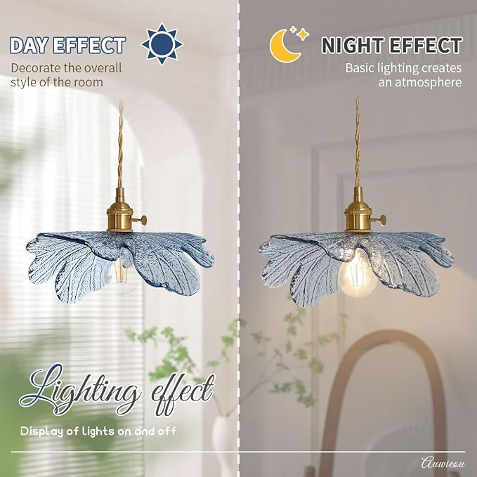 Blue Floral Glass Pendant Lights Kitchen 2 Pack Vintage Mid Century | Gold Brass Hanging Light Fixture set of 2 , Adjustable 59" Cord, 110V E26 Base, for Cabinets Dining Room Apartments entryway