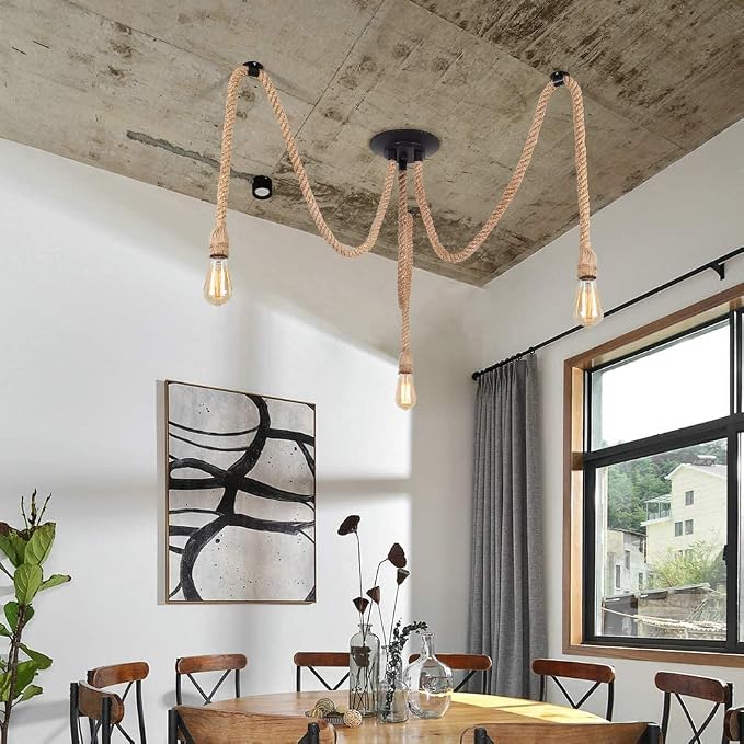 3-Light Hemp Rope Chandelier,Industrial Vintage Spider Ceiling Light Fixture,Rustic Farmhouse Hanging Pendant Light with Natural Jute Rope,E26 Base for Dining Room Kitchen Bedroom Cafe Bar