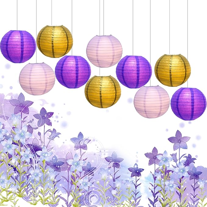 Chinese Paper Lanterns - Pack of 10, 12-Inch Purple/Gold Hanging Lights for Birthday Party Decorations, Ceiling Decor, Rainbow Classroom, Wedding, and Home Party