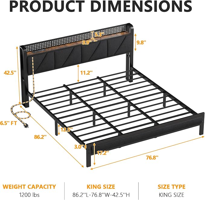 King Size Bed Frame with Storage Shelf and Upholstered Headboard | Metal Platform Bed with LED Light, Charging Station and Heavy Duty Slats, No Box Spring Needed, Noise Free & Easy Assembly