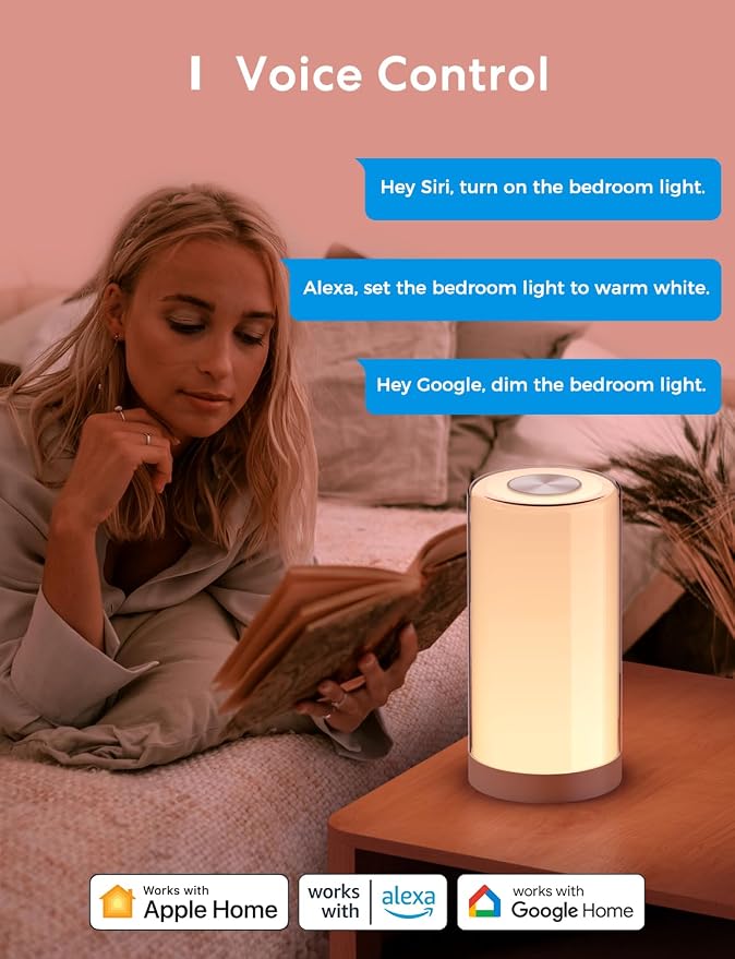 meross Smart Table Lamp, Compatible with Apple HomeKit and Amazon Alexa | Bedside Lamp, Work with Google, SmartThings, Siri, Tunable White and Multi-Color, Touch Control, Voice and App Control