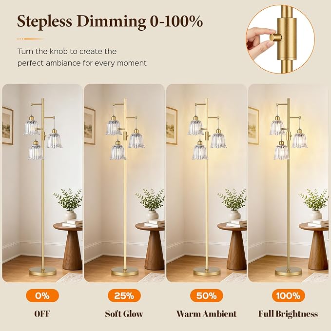 Dimmable Flower Floor Lamp, 3 x 900LM LED Bulbs Included, Modern | 70" Gold Tree Standing Lamp, 3 Lights Elegant Clear Glass Flower Shade, Vintage Floor Lamps for Living Room, Bedroom, Office