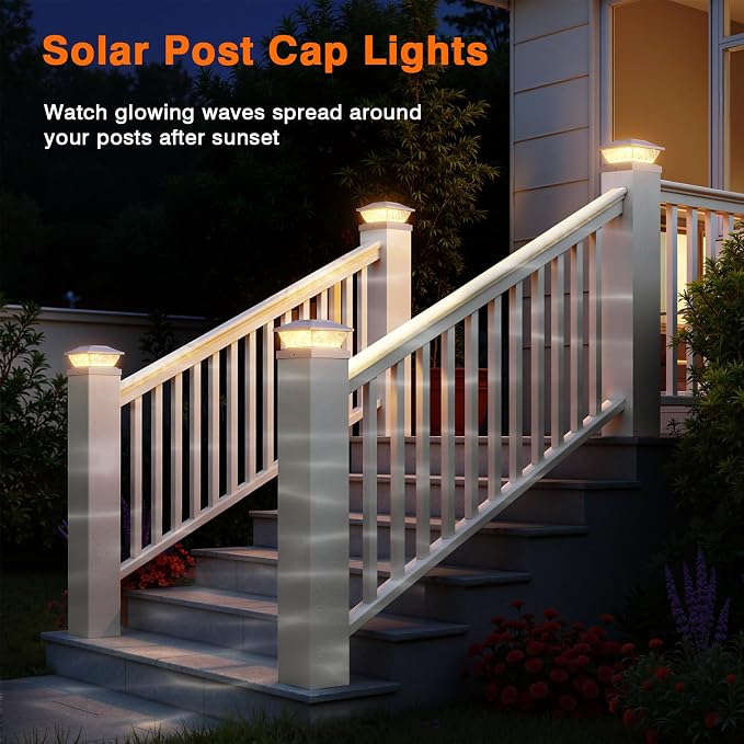 Solar Post Cap Lights Outdoor 6 Pack, 2 Modes Bright Fence Post Solar Lights Outdoor Waterproof, Deck Fence Post Cap Light Solar Powered for 4x4 4.5x4.5 5x5 Posts for Garden Decor
