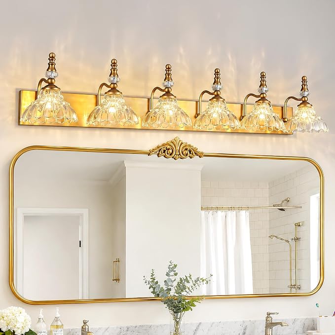 Vintage Bathroom Vanity Light, 6-Light Brass Vanity Lighting Fixture with Flower Glass Shade, Bathroom Lighting Fixtures Over Mirror