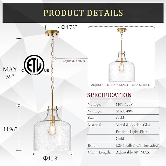 12" Gold Glass Pendant Light, Seeded Bubble Shade Modern Farmhouse Hanging Light for Kitchen Island, Dining Room, E26 Dimmable Ceiling Fixture