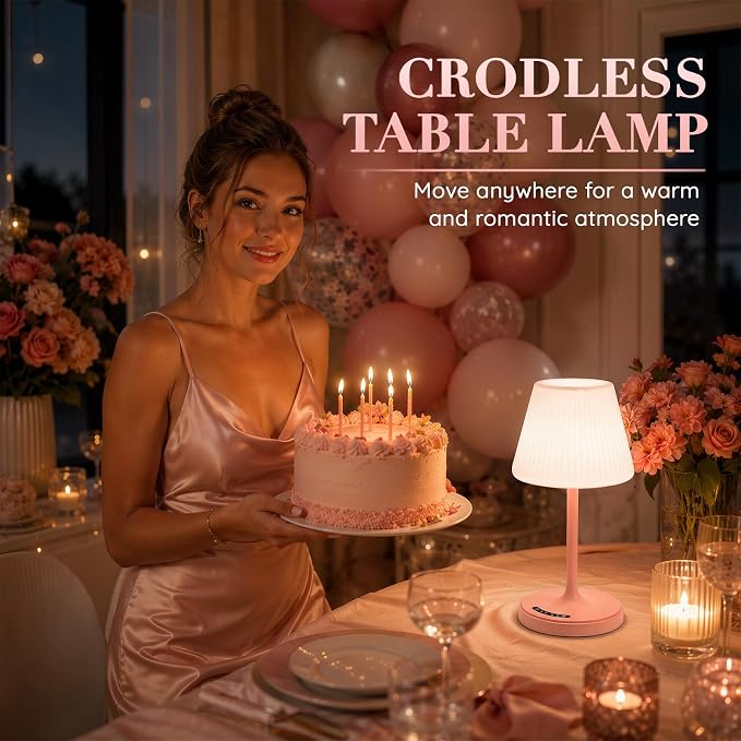 Waterproof Shower Lamp, 4000mAh Cordless Table Lamp, 3-Color Dimmable -Pink | touch dimmable, weighted base, bathroom shower light, patio dinner, RV camping, charge your phones, memory night light