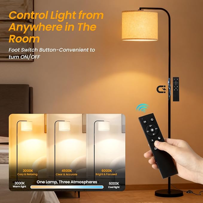 Arc Floor Lamp with Remote and Dimmable Black Floor lamps for Living Room | Modern Tall Standing Lamp for Bedroom Corner and Office wiht Adjustable Hanging Drum Shade Over Couch Arched Reading Light