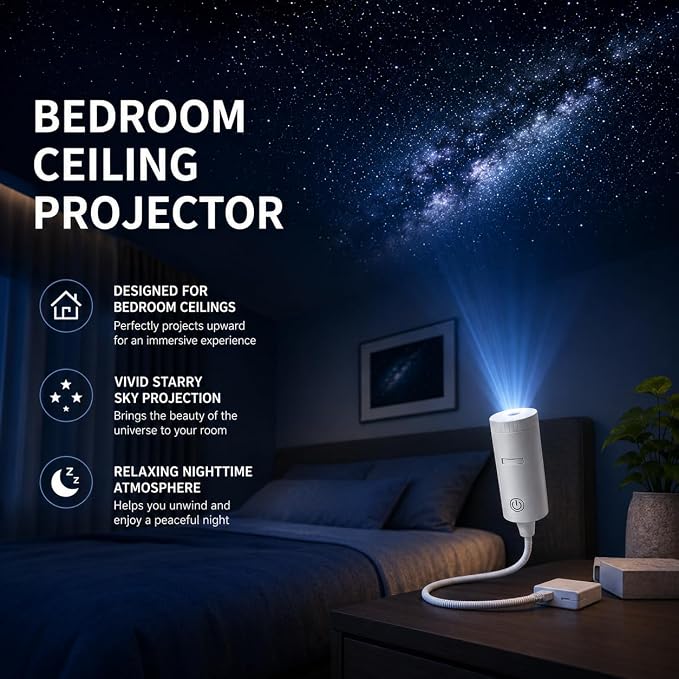 Stycove 5D Holographic Star & Night Light Projector，Black | Projects vivid galaxies & ocean scenes on bedroom ceiling. USB powered, 360° adjustable gooseneck. Plug and play setup.