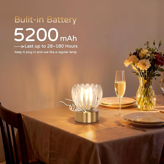 Shenmoyl Cordless Small Table Lamp with 5200mAh Battery & Touch Control, Battery Operated Tulip Table Lamp with 3 Colors, Rechargeable Mini Table Lamps for Bedsides, Bedroom, Nightstand (Transparent)