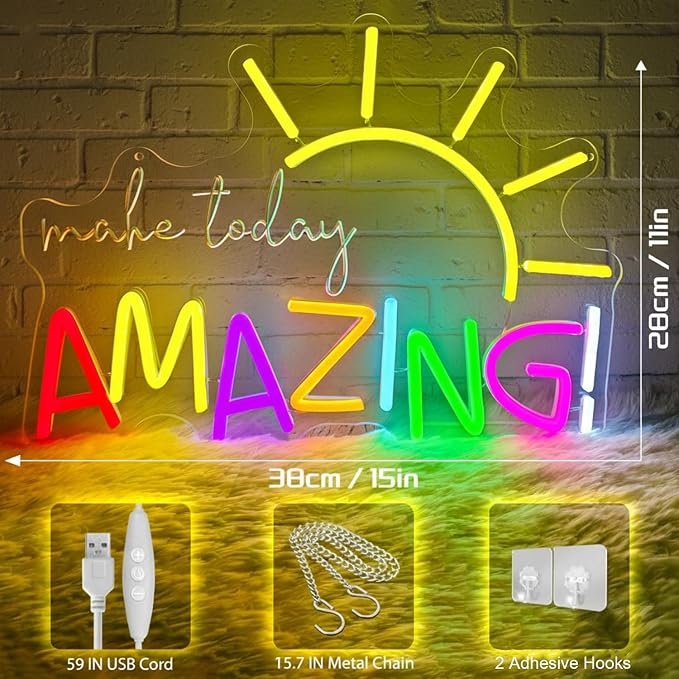 Make Today Amazing Neon Sign-Colorful LED Light Sign with Sun Design,USB Powered & Dimmable for Motivational Wall Decor,Bedroom,Office & Living Room,Neon Signs for Home Decor