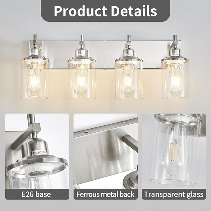 4-Light Brushed Nickel Bathroom Light Fixture Over Mirror Modern Bathroom Vanity Light Vintage Wall Lighting with Clear Glass Shade for Bathroom, Bedroom, Hallway, Cabinet