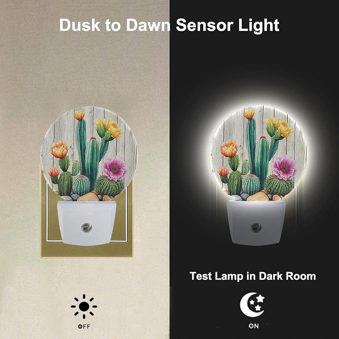 Cactus Night Light Tropical Cacti Desert Green Plant with Flowers on Wooden Blank Night Lights Plug into Wall Auto on/Off LED Lighting for Home Hallway Stairway Kitchen