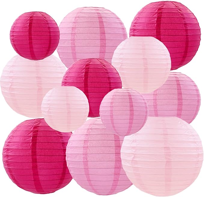 Pink Paper Lanterns Decorative,Hanging Chinese Lanterns Indoor Outdoor for Birthday, Wedding, Christmas, Bridal, Home Decor, Ceiling Decorations(Size of 4”, 6”, 8”, 10”,12Pcs)