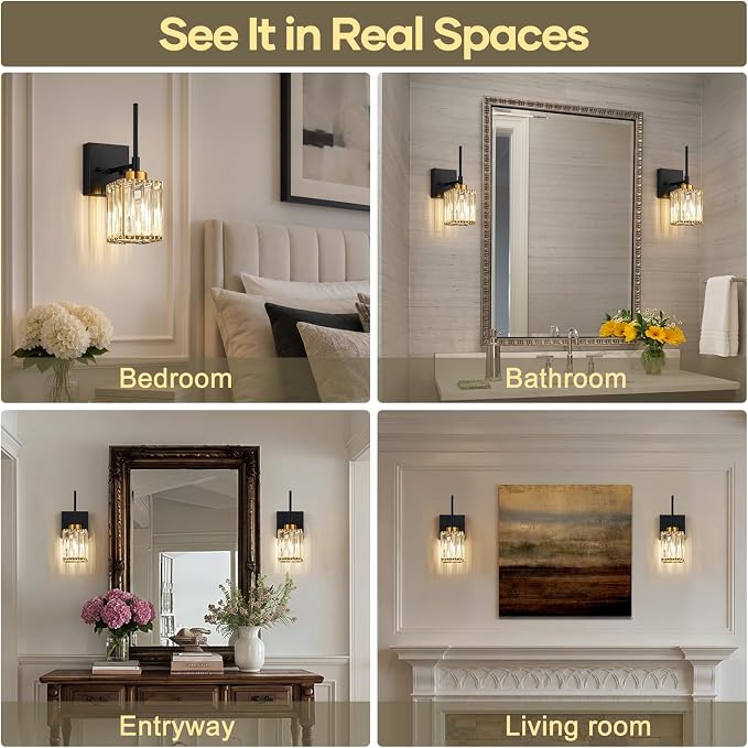 [Hardwired] Bathroom Wall Sconces Set of Two Bathroom Light Fixtures | Hardwired, Premium Crystal, Black and Gold Superior Durable Metal, Wall Lights for Living Room Bathroom Hallway Bedroom