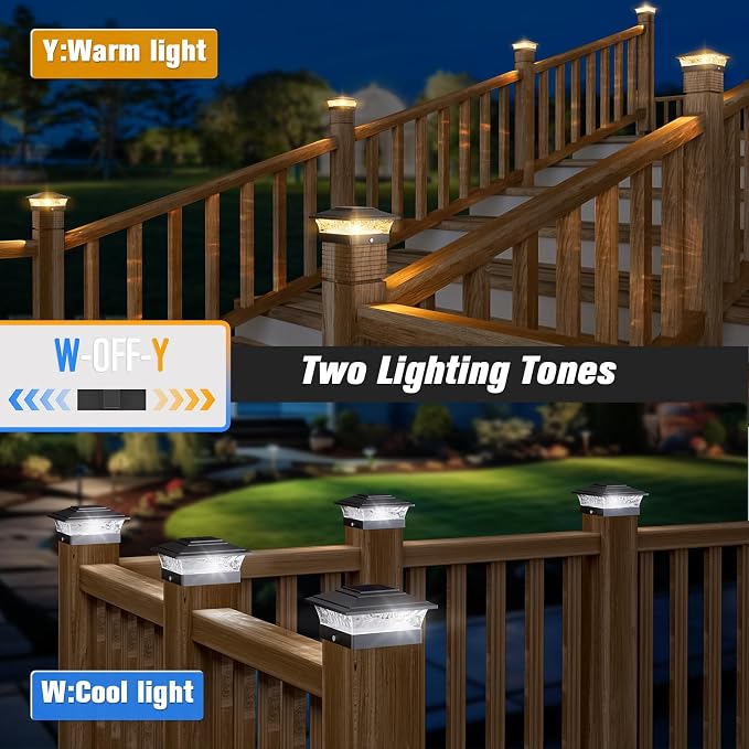 Solar Post Cap Lights Outdoor 12pack, Waterproof Solar Powered Deck Fence Post Lights Fit 4x4 Wood/Vinyl Posts, Black Deck Post Lights with Warm/Cool White for Garden, Patio, Porch, Fence
