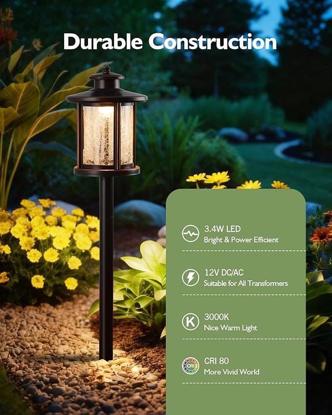 LITFIT Low Voltage Landscape Lighting, 12V 3.4W 155LM 3000K Outdoor Path Lights with Connectors, Crackled Shade, ORB Finish, Waterproof Aluminum LED Walkway Light Wired for Garden Yard, 4 Pack